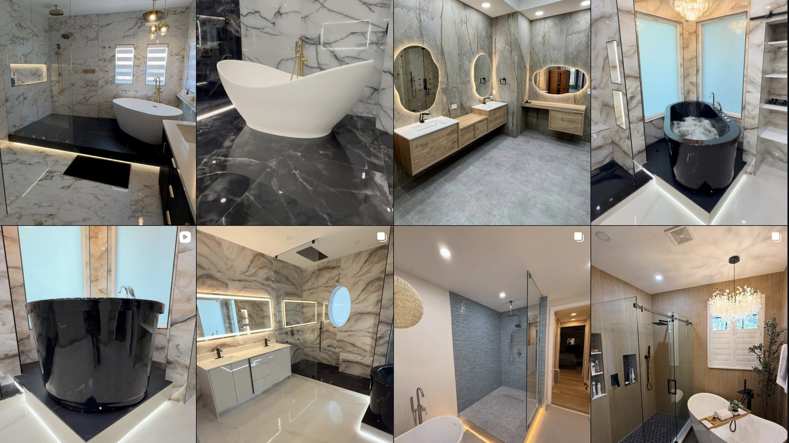 Collage of 8 bathroom remodeling projects showing soaking tubs, walk-in showers, and vanities