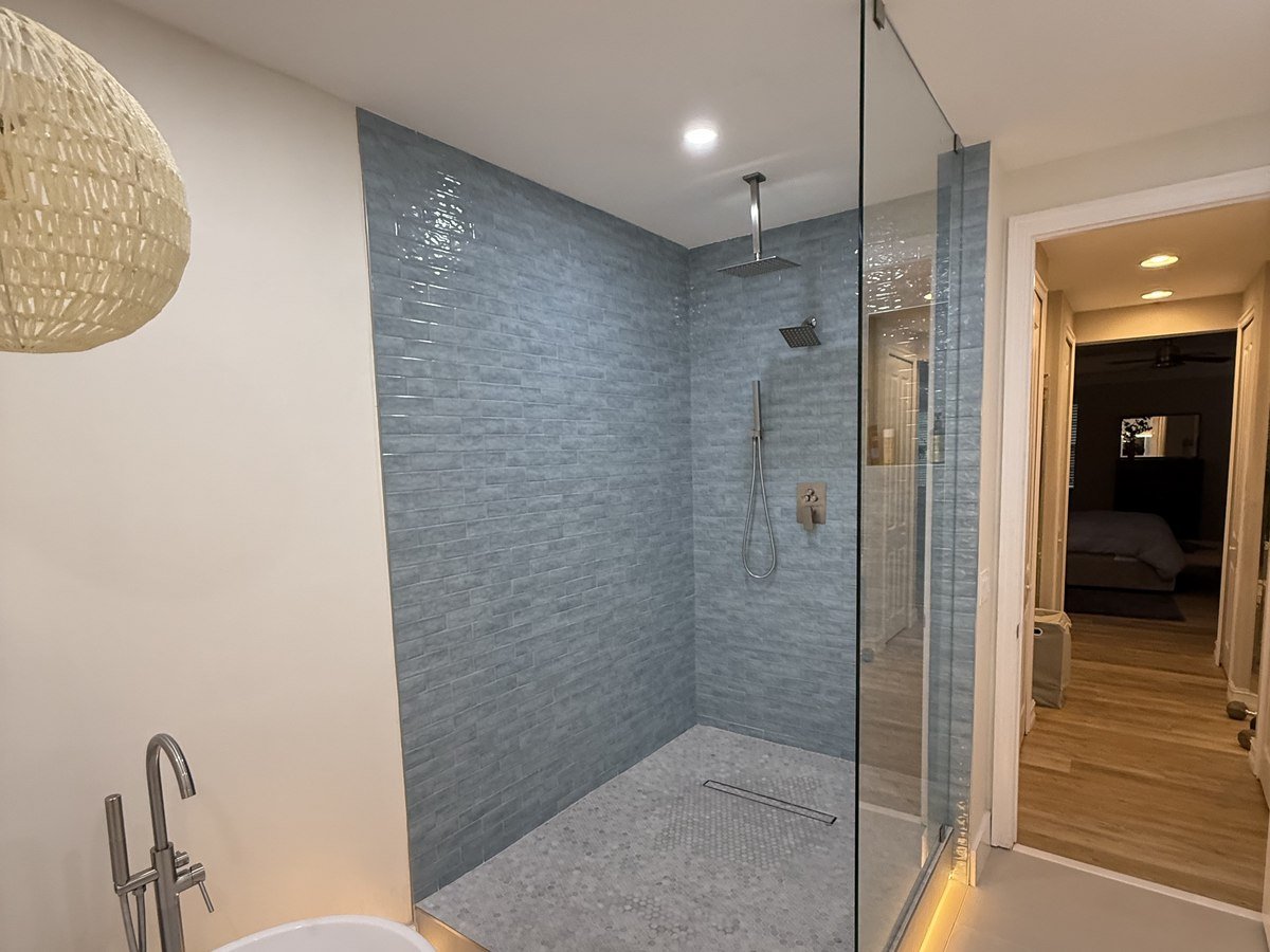 Coastal blue tile walk-in shower, South Florida bathroom remodel